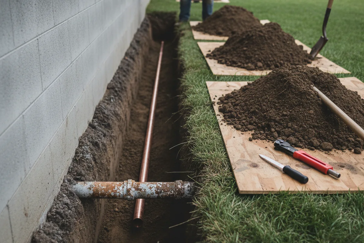 Excavated water line trench during Water Heater Repair in Crescent